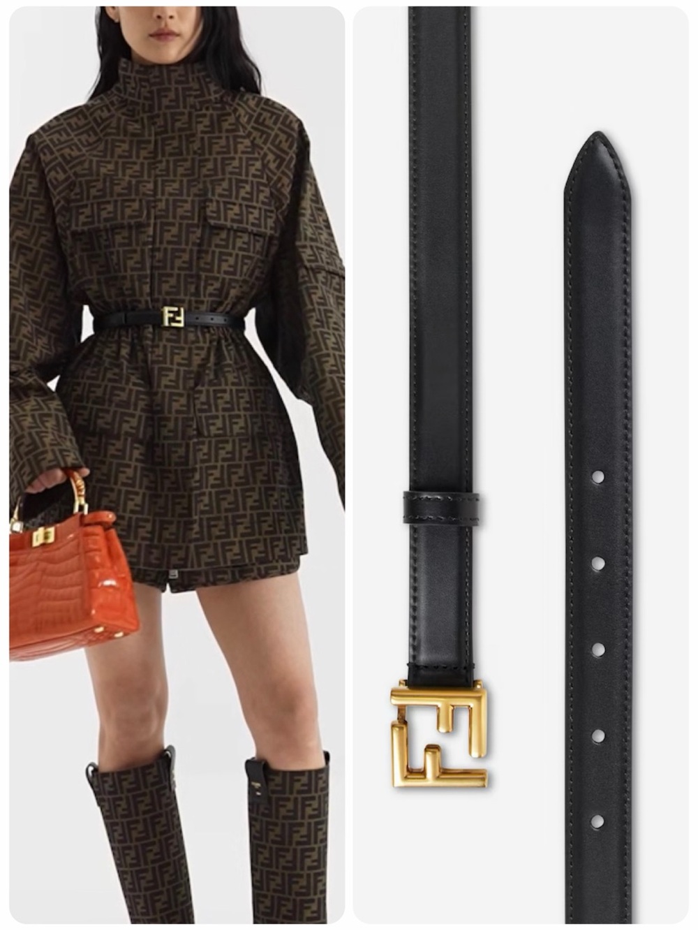 FENDI FF logo black leather skinny belt gold buckle 85/34